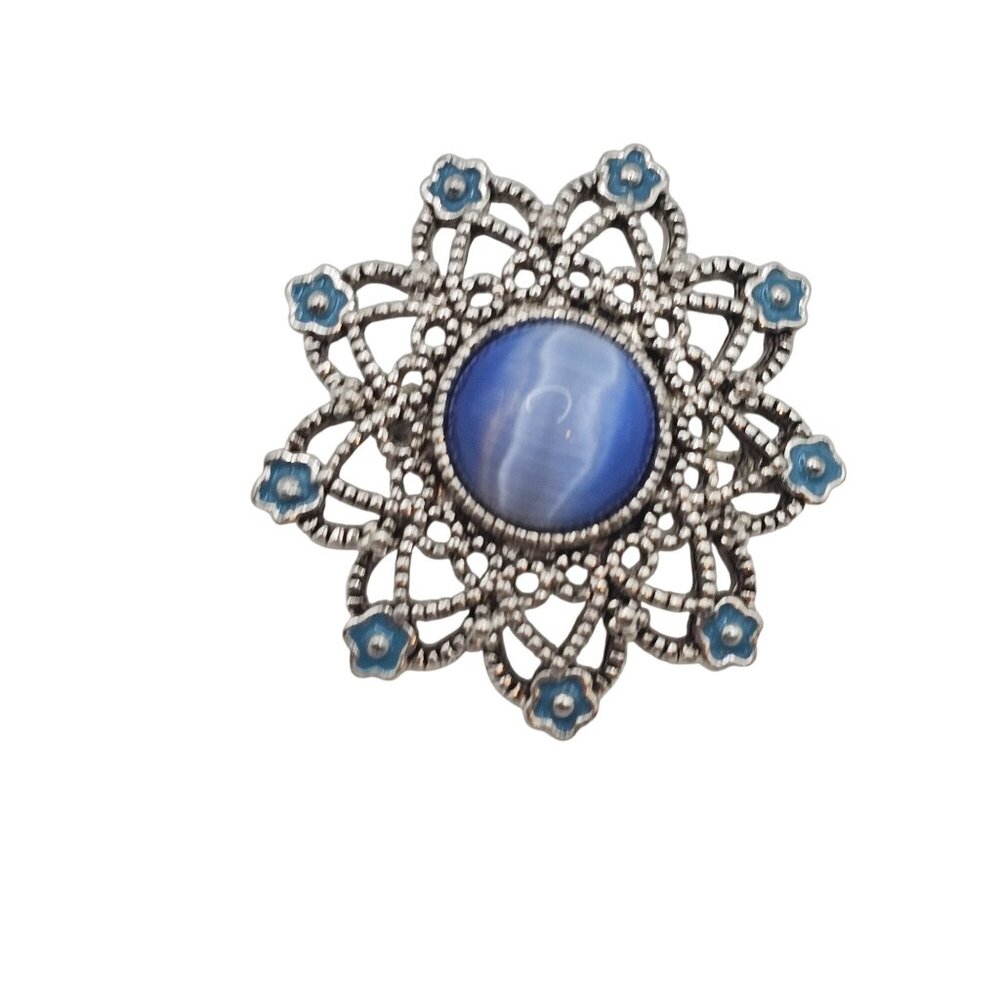 VTG‎ Brooch Silver Tone Blue Gemstone/Enamel Star Point Floral Chic Pin Jewelry